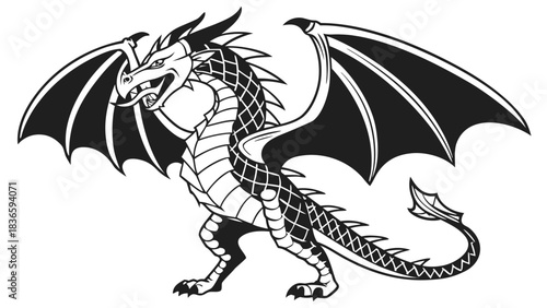 Vector illustration black and white illustration of a fierce, winged dragon standing with open mouth and sharp claws