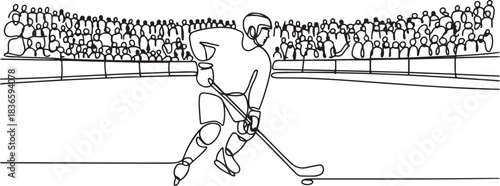 One continuous line drawing of an exciting hockey match with thousands of spectators vector illustration. Hockey design illustration simple linear style. one line Icon drawing