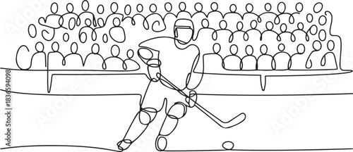 One continuous line drawing of an exciting hockey match with thousands of spectators vector illustration. Hockey design illustration simple linear style. one line Icon drawing