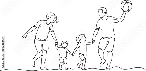 Continuous one line drawing active happy family on vacation at the beach. Trip and holiday concept. one line Icon drawing
