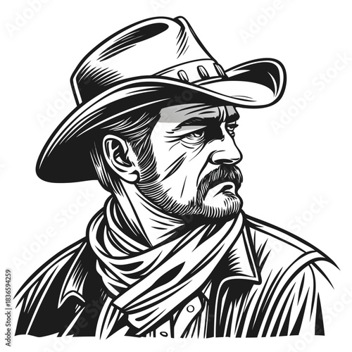 Vector illustration black and white line art illustration of a rugged cowboy wearing a widebrimmed hat and a neck scarf