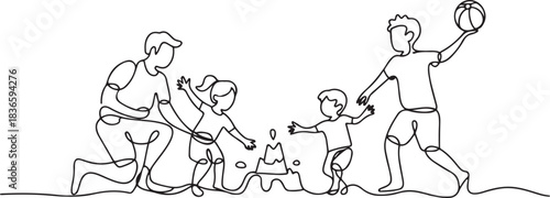 Continuous one line drawing active happy family on vacation at the beach. Trip and holiday concept. one line Icon drawing