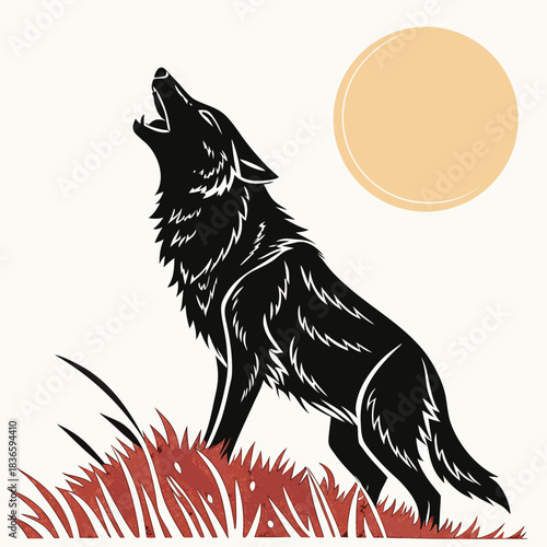 Vector illustration stylized illustration of a black wolf howling at a pale yellow full moon above red grass