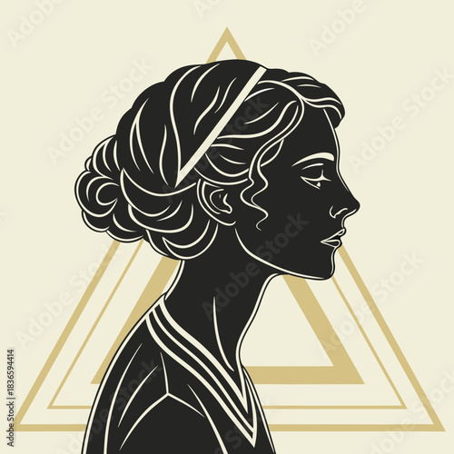 Vector illustration art deco style silhouette of a womans profile with elaborate updo hairstyle against a geometric background