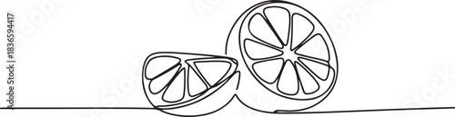 Lemon fruit slices or orange fruit slices in continuous line art drawing style. Single line concept of sliced orange fruit in doodle style. one line Icon drawing