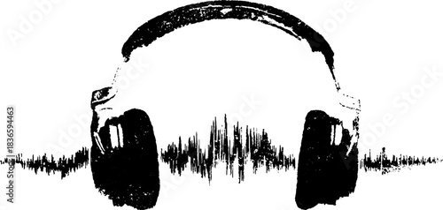 Black and white headphones stencil illustration with sound wave design