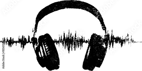 Black and white stencil headphones with soundwave design for urban art