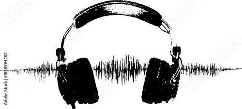 Black and white grunge stencil illustration of headphones with soundwave silhouette