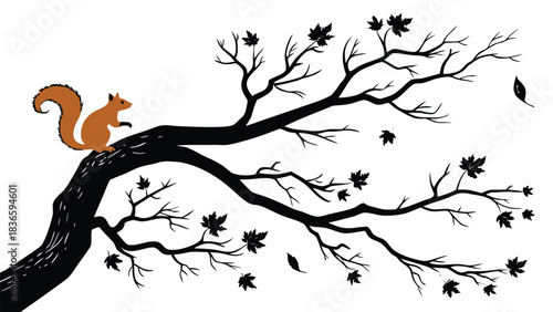 Vector illustration stylized illustration of a brown squirrel perched on a dark, bare tree branch with falling autumn leaves
