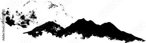 Black and white stencil illustration of heavy moisture clouds over mountains