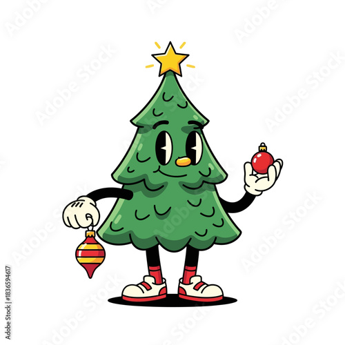 Cartoon christmas tree character decorating with vintage ornaments