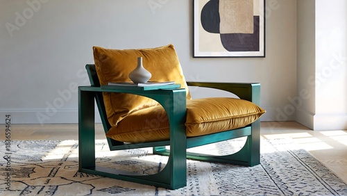 Stunning modern lounge chair with rich velvet cushions anchors elegant living room interior design