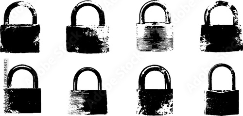 Black and white stencil illustration of heavy padlocks for security and design elements