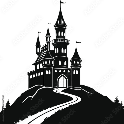 Vector illustration silhouette of a majestic medieval castle perched atop a hill with a winding path leading to its grand entrance