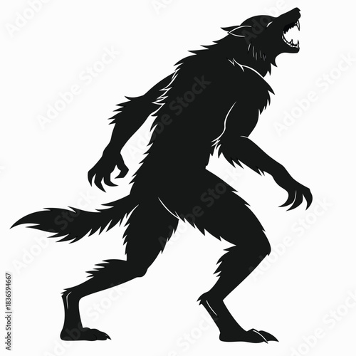 Vector illustration silhouette profile of a snarling, upright werewolf creature with sharp claws and bared teeth