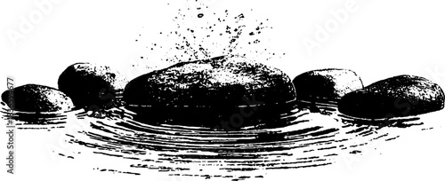 Black and white stencil illustration of heavy water ripples
