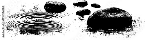 Abstract black and white stencil of water ripples and stones for design projects