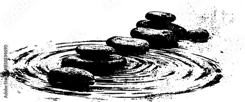 Black and white stencil of heavy water ripple stones for zen and tranquility design