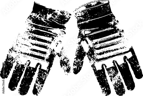 Grunge stencil illustration of heavy duty gloves in black and white for industrial design