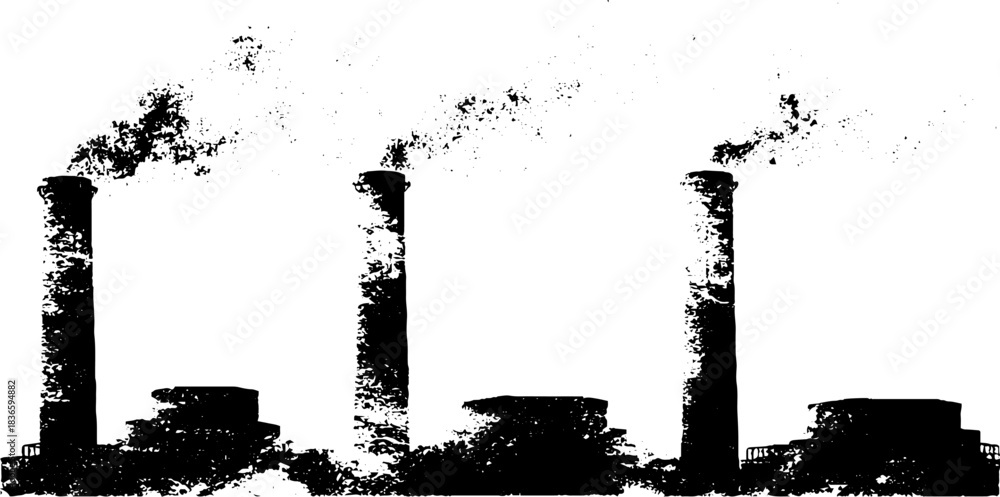 Obraz premium Industrial rooftop silhouette with chimneys and smoke in black and white stencil art