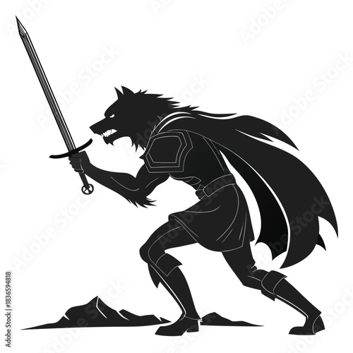 Vector illustration silhouette of a fierce anthropomorphic wolf warrior in armor holding a long sword, ready for battle