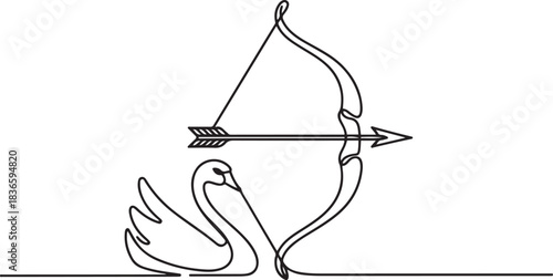Bow and arrow, continuous line drawing, isolated vector illustration, tattoo, print and logo design, beautiful swan bird silhouette. one line Icon drawing