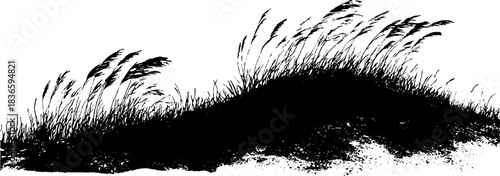Black and white stencil illustration of hillside grass waves for nature designs