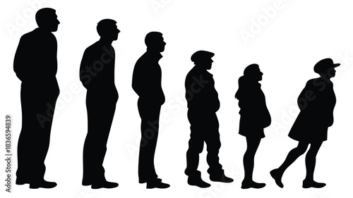 Vector illustration silhouette profile view of six diverse human figure shapes standing in a line showing gradual height difference