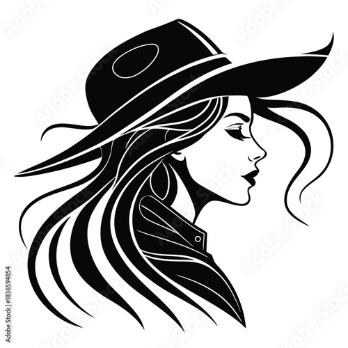 Vector illustration striking black and white vector illustration of a stylish woman wearing a widebrimmed cowboy hat