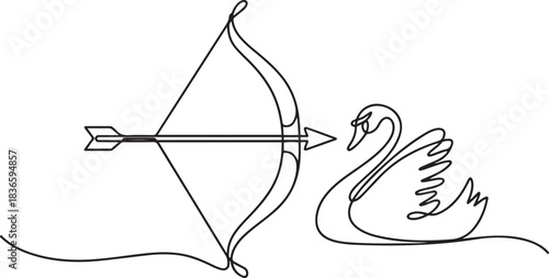 Bow and arrow, continuous line drawing, isolated vector illustration, tattoo, print and logo design, beautiful swan bird silhouette. one line Icon drawing