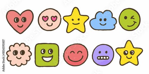 Cute Kawaii Emoji Icon Set  Colorful Hand-Drawn Faces Collection