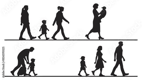 Vector illustration silhouettes of various family groups and individuals walking in profile on a