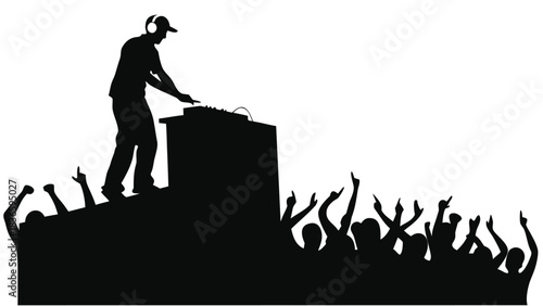 Vector illustration silhouette of a disc jockey performing on stage with an excited crowd cheering and raising their hands at a music event