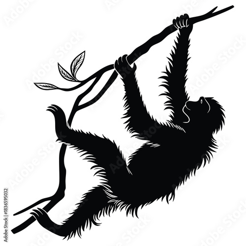 Vector illustration silhouette of an orangutan swinging from a tree branch with leaves