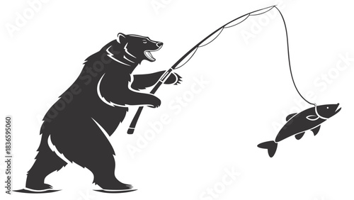 Vector illustration silhouette of a large bear standing upright while successfully catching a fish on a fishing rod