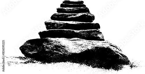 Monochrome stencil illustration of jagged volcanic rock formation