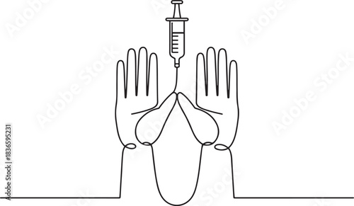 Hands that refuse to inject drugs. Anti drug day one-line drawing. one line Icon drawing