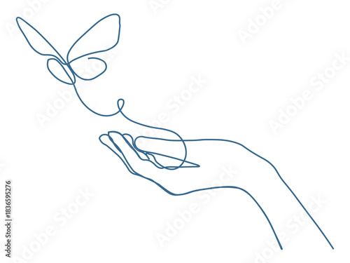 Delicate line art of a hand releasing a butterfly, symbolizing freedom and transformation with a touch of modern elegance for mindful designs