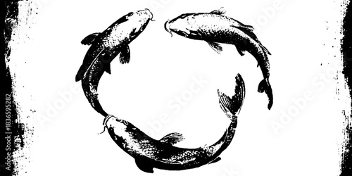 Black and white stencil art of three koi fish in circular motion for urban design