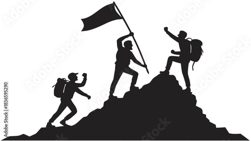 Vector illustration silhouette of three hikers celebrating reaching the summit of a mountain peak with one planting a flag