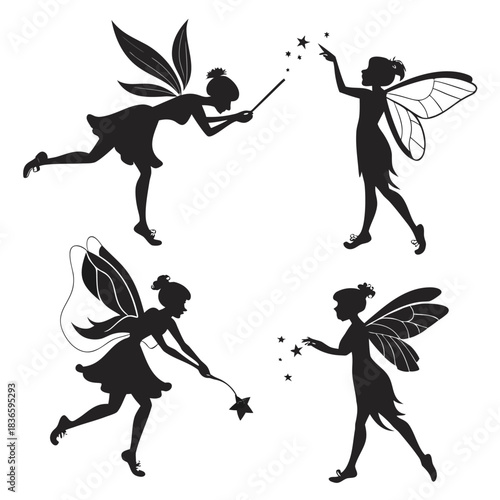 Vector illustration four silhouette illustrations of magical fairies with wings and wands casting spells