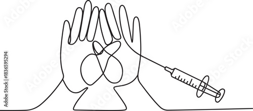 Hands that refuse to inject drugs. Anti drug day one-line drawing. one line Icon drawing