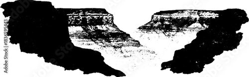 Black and white stencil illustration of layered desert canyon scene for art and design projects