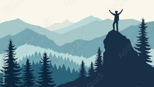 Vector illustration silhouette of a hiker celebrating success on a mountain peak overlooking layers of blue and green forested hills