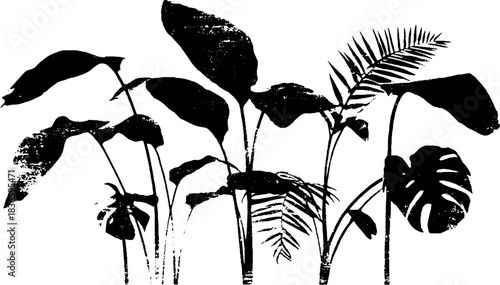Black and white stencil illustration of layered foliage for nature-inspired design
