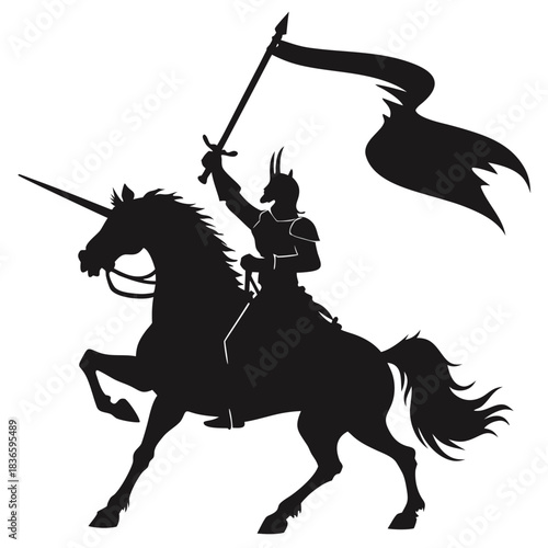 Vector illustration silhouette of a knight in armor riding a rearing unicorn while holding a sword and a flowing banner