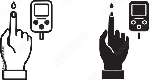 Blood Glucose Meter and Finger Prick Icon Set Black and White diabetes testing on transparent background