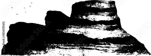 Black and white stencil of layered rock terraces with birds