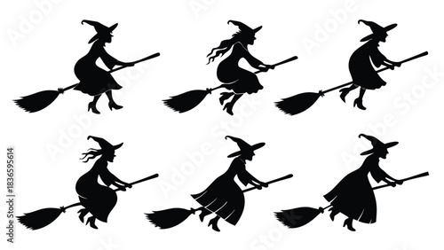 Vector illustration six black silhouette illustrations of witches flying on broomsticks