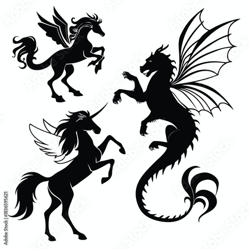 Vector illustration silhouette collection of mythical creatures featuring two winged unicorns and one winged dragon